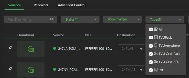 Sources page - Type drop down menu