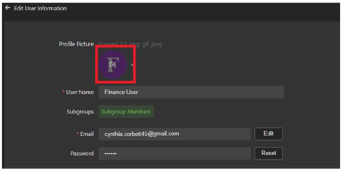 Edit User Information window - Edit Profile Picture Finance