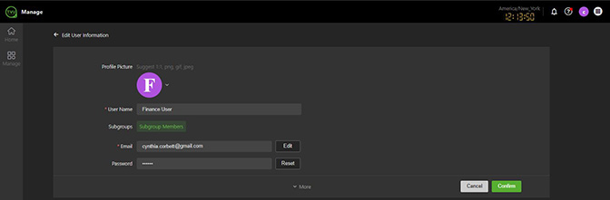 Edit User Information window - Finance