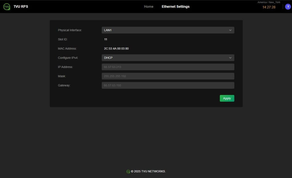 Ethernet Settings window