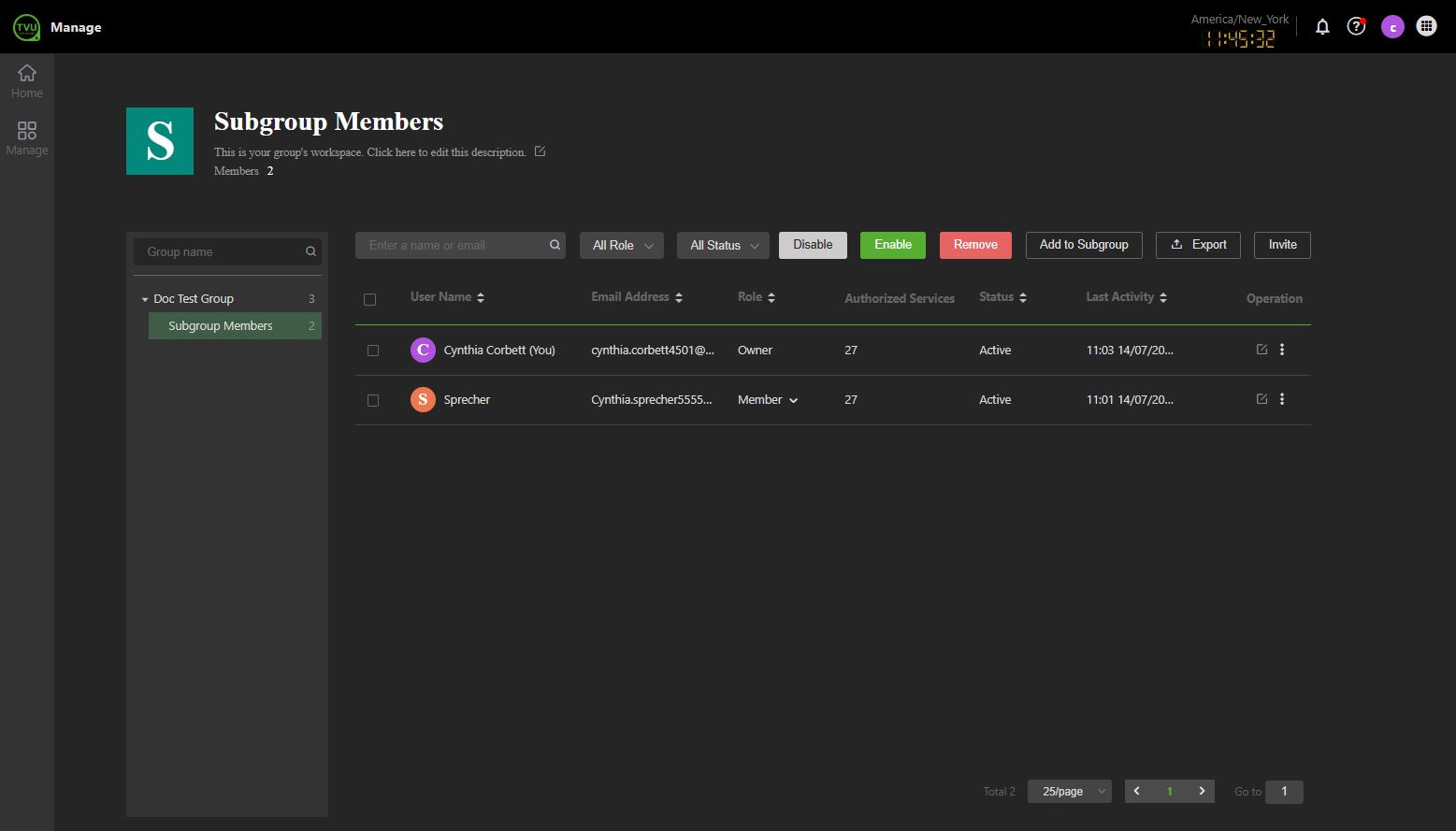 Subgroup Management page