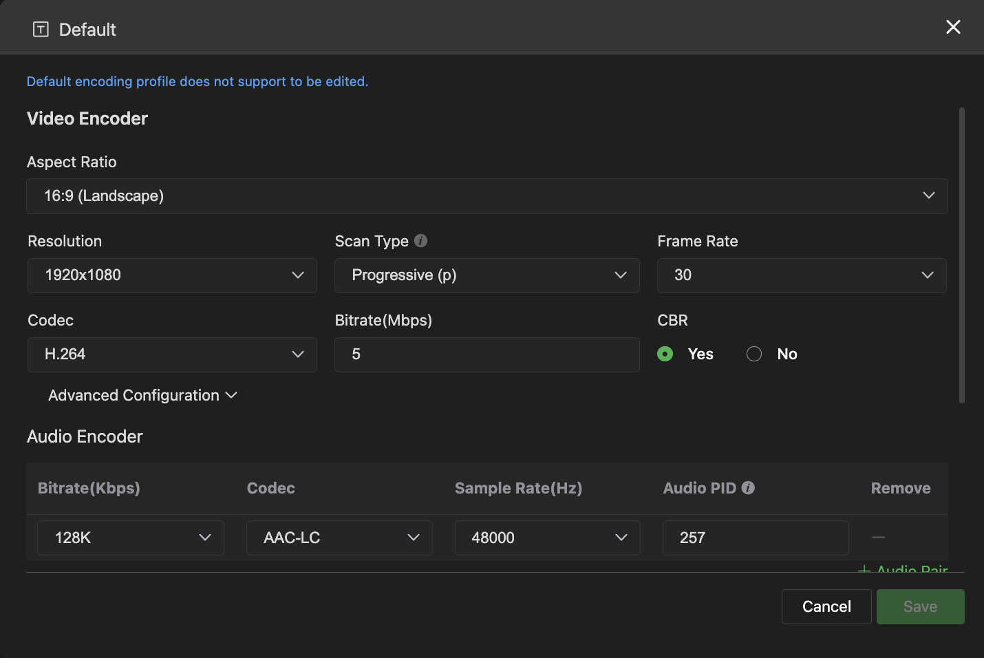 P25_Default Encoding Profile settings