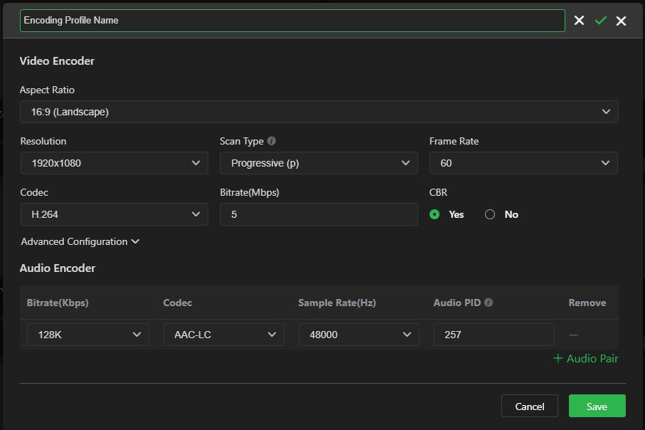 Video and Audio Encoding Profile configuration