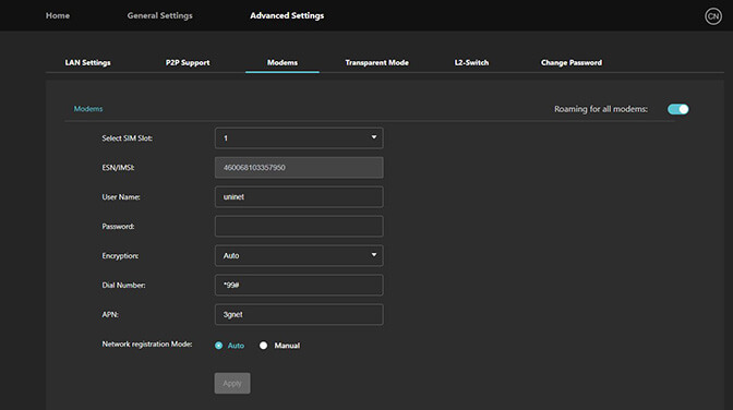 Advanced Settings - Modems screen
