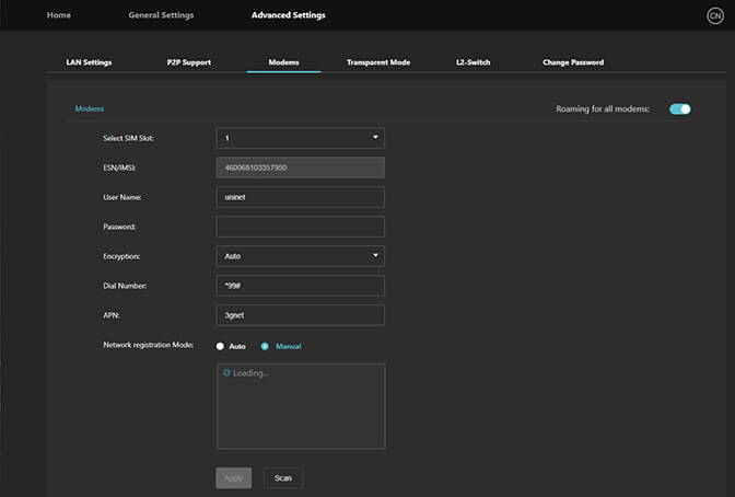 Advanced Settings - Manual Modems screen