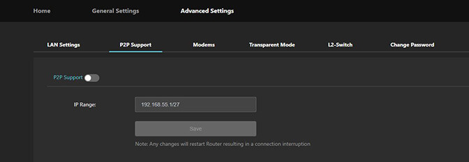 Advanced Settings - P2P Support screen