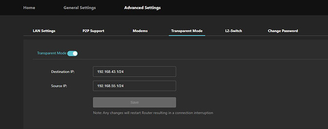 Advanced Settings - Transparent Mode screen