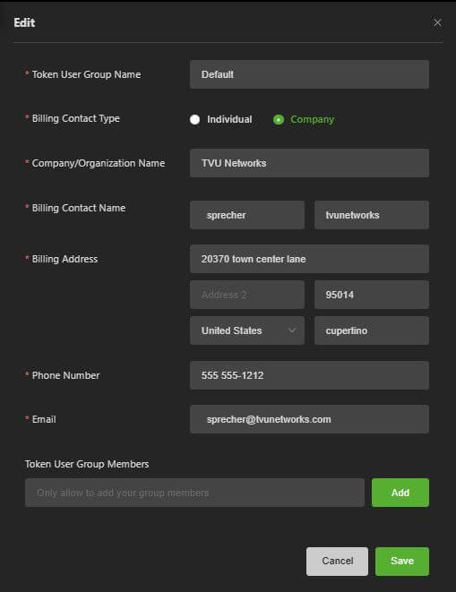 Edit billing info window