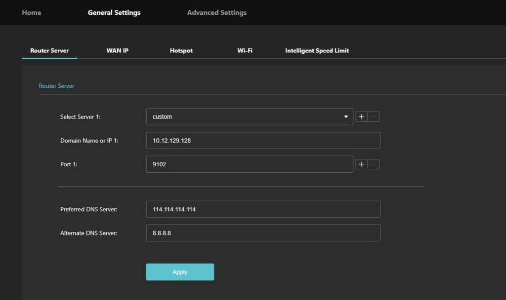 General Settings - Router Server screen (Select Server 1: custom)