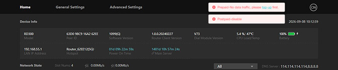 TVU Router Home screen - Abnormal state messaging