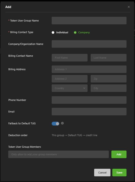 Manage Billing Manage Token User Group page +Add group