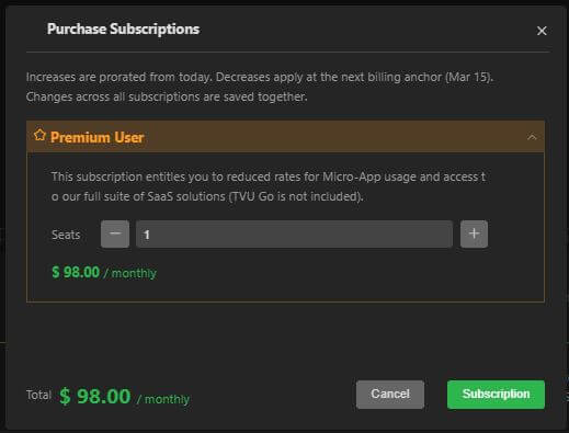 Purchase subscriptions window