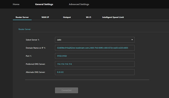 General Settings - Router Server screen (Select Server 1: auto)